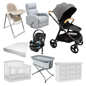 Kit de depart poussette boobeyeh, chaise bercante, siège auto Graco, lit de bébé, bureau double, chaise haute, bassinette et matelas de base