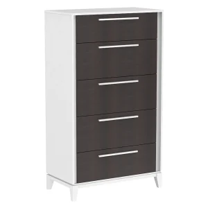 Commode 5 tiroirs moderna pour chambre, blanc et grange en bois