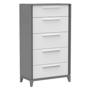 Commode 5 tiroirs moderna pour chambre, gris foncé et blanc