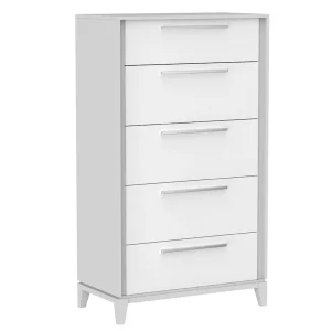 Commode 5 tiroirs moderna pour chambre, gris et blanc