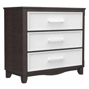 Commode 3 tiroirs bella pour chambre, blanc et bois grange