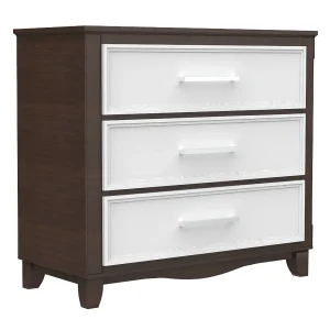 Commode 3 tiroirs bella pour chambre, blanc et noyer