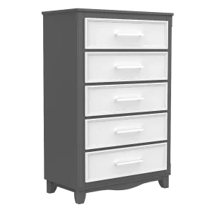 Commode 5 tiroirs bella pour chambre, gris foncé et blanc
