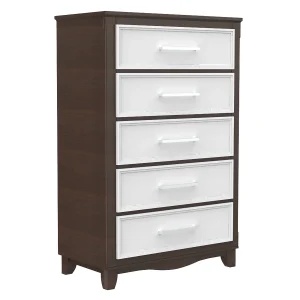 Commode 5 tiroirs bella pour chambre, blanc et noyer