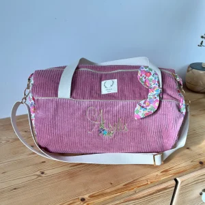 Louison le sac polochon enfant velours rose thé et Betsy fushia