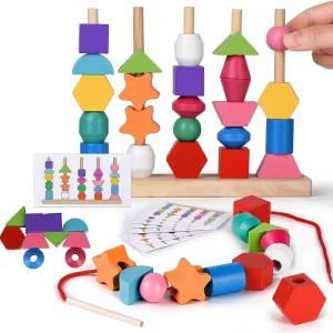 Jeu Montessori d'empilage et d’enfilage de perles colorées apprentissage  des formes, couleurs et  coordination main-œil