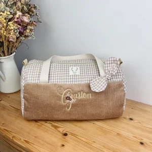 Louison le sac polochon matelassé enfant velours camel et vichy beige
