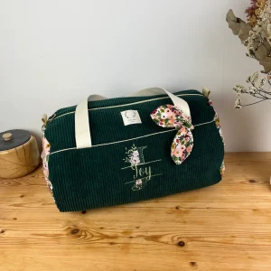 Louison le sac polochon enfant velours vert sapin et garden party rose