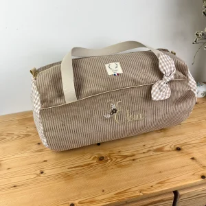 Louison le sac polochon enfant velours camel et vichy beige