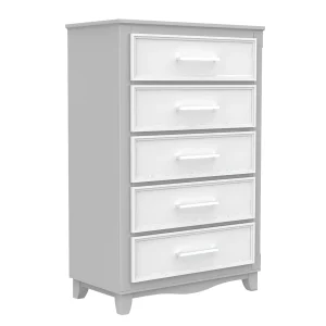 Commode 5 tiroirs bella pour chambre, gris et blanc