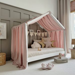 Ciel de lit Cabane B – Rose avec pois dorés