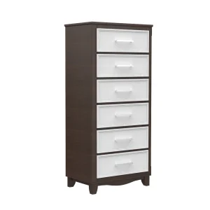 Commode 6 tiroirs bella pour chambre, blanc et noyer