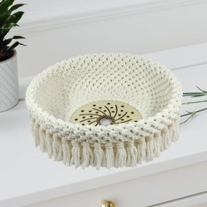 Corbeille macramé écru artisanale – panier décoratif fait main en coton et bois