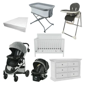 Kit complet pour chambre de bébé : poussette, lit convertible, chaise haute et matelas.