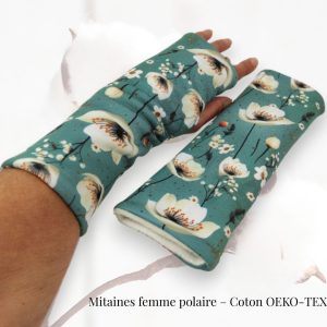 Mitaines femme polaire artisanales vertes et blanches – chaudes 26 cm