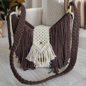 Sac Macramé Bandoulière Artisanal Marron & Écru – Fait Main