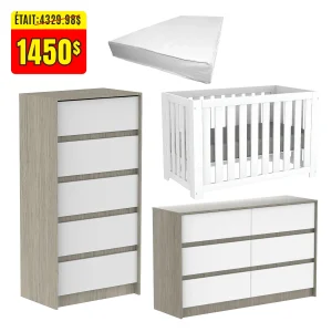 Ensemble complet de mobilier pour chambre de bébé – Lit évolutif Adriana, commodes Alex et matelas de bébé | Blanc et gris | Canada